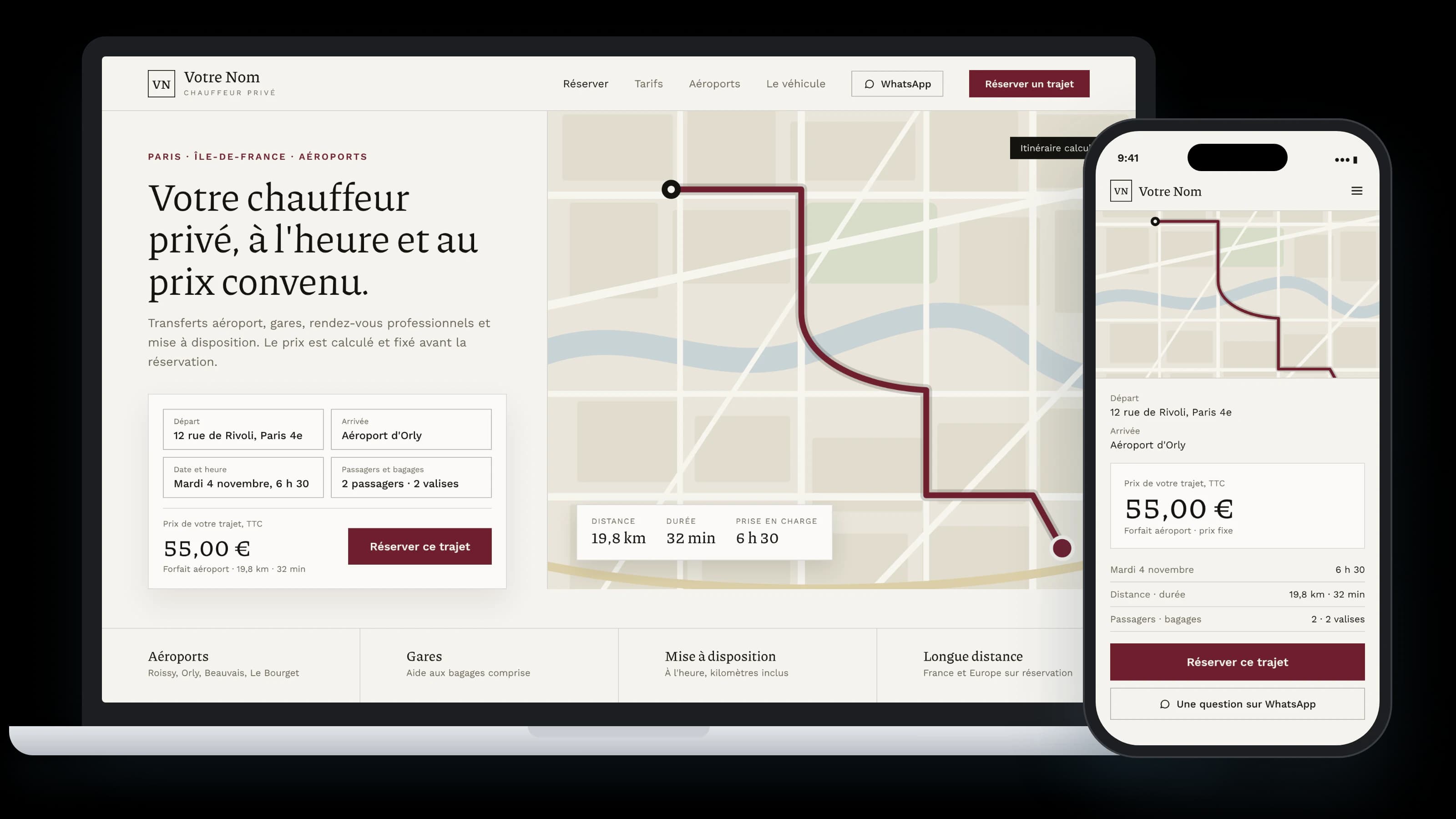 Exemple de site internet de chauffeur sur ordinateur et sur téléphone : présentation du chauffeur, prestations, prix d'un trajet vers Orly et bouton de réservation