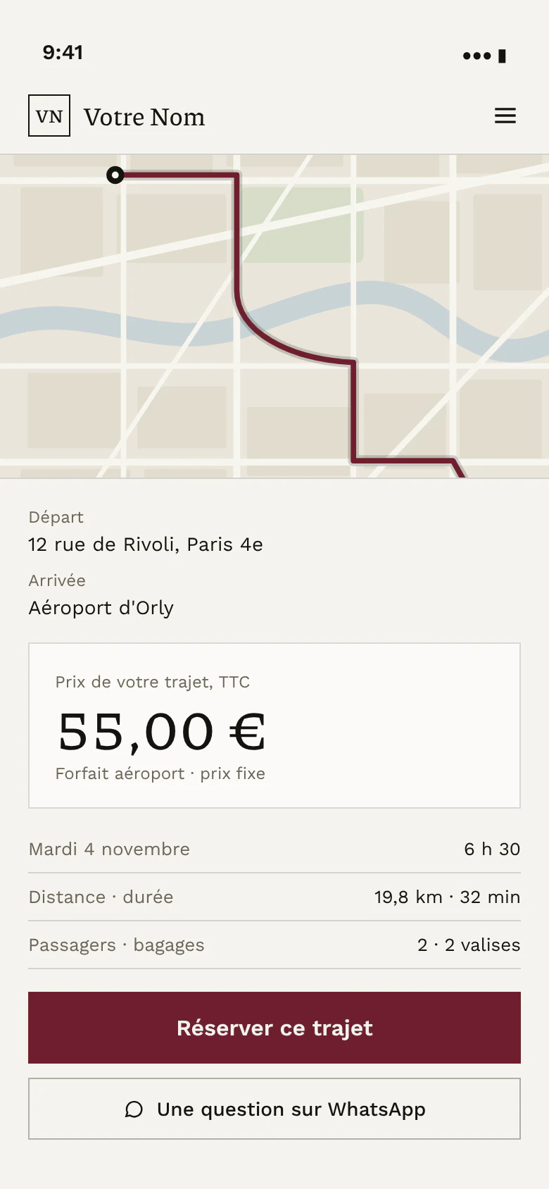 Site de chauffeur sur téléphone : prix du trajet vers l'aéroport d'Orly selon les tarifs du chauffeur, avec bouton de réservation