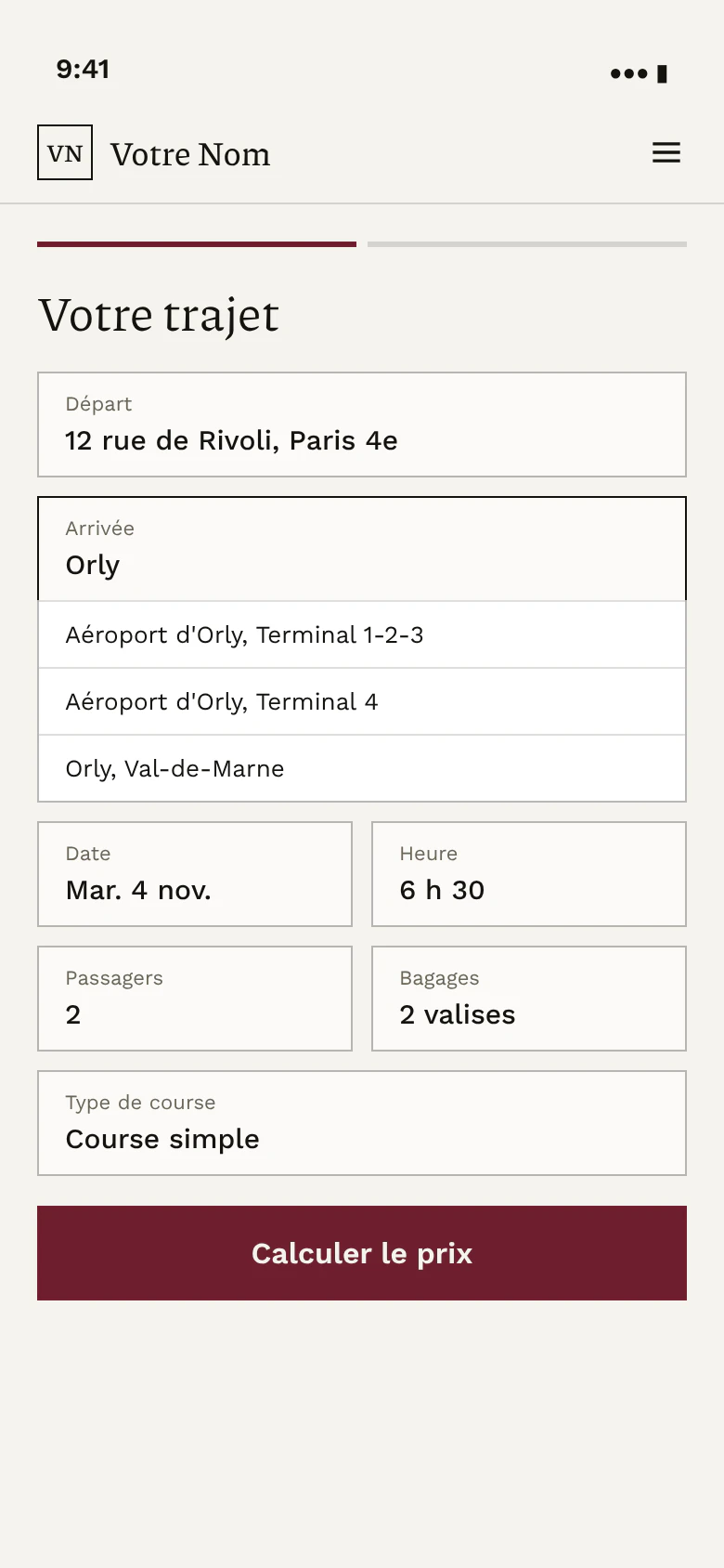Site de chauffeur sur téléphone : le client saisit le départ, l'arrivée, la date et l'heure de son trajet