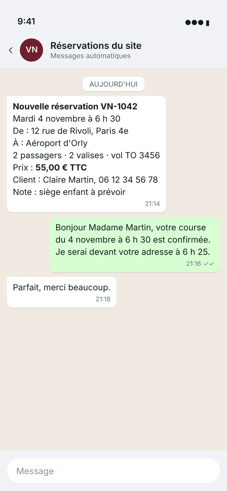 Demande de réservation reçue par le chauffeur sur WhatsApp, avec l'adresse, l'heure, le prix et le contact du client